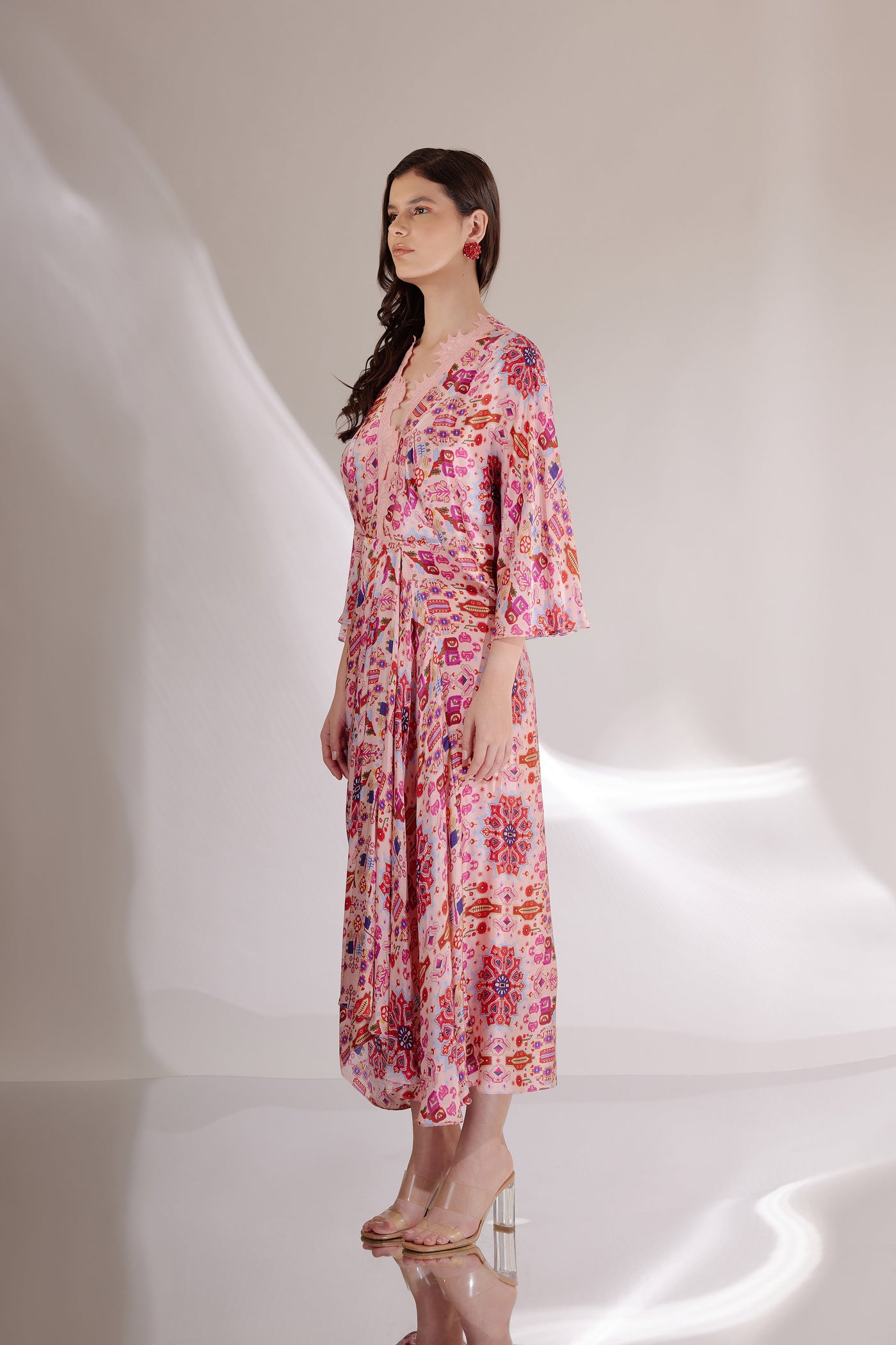 Pink Kashan Print Embroidered Silk Drape Dress