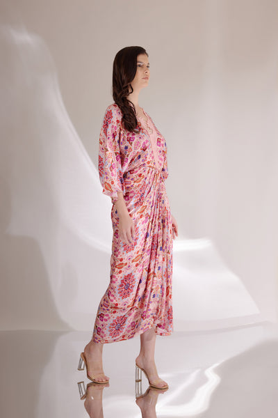 Pink Kashan Print Embroidered Silk Drape Dress