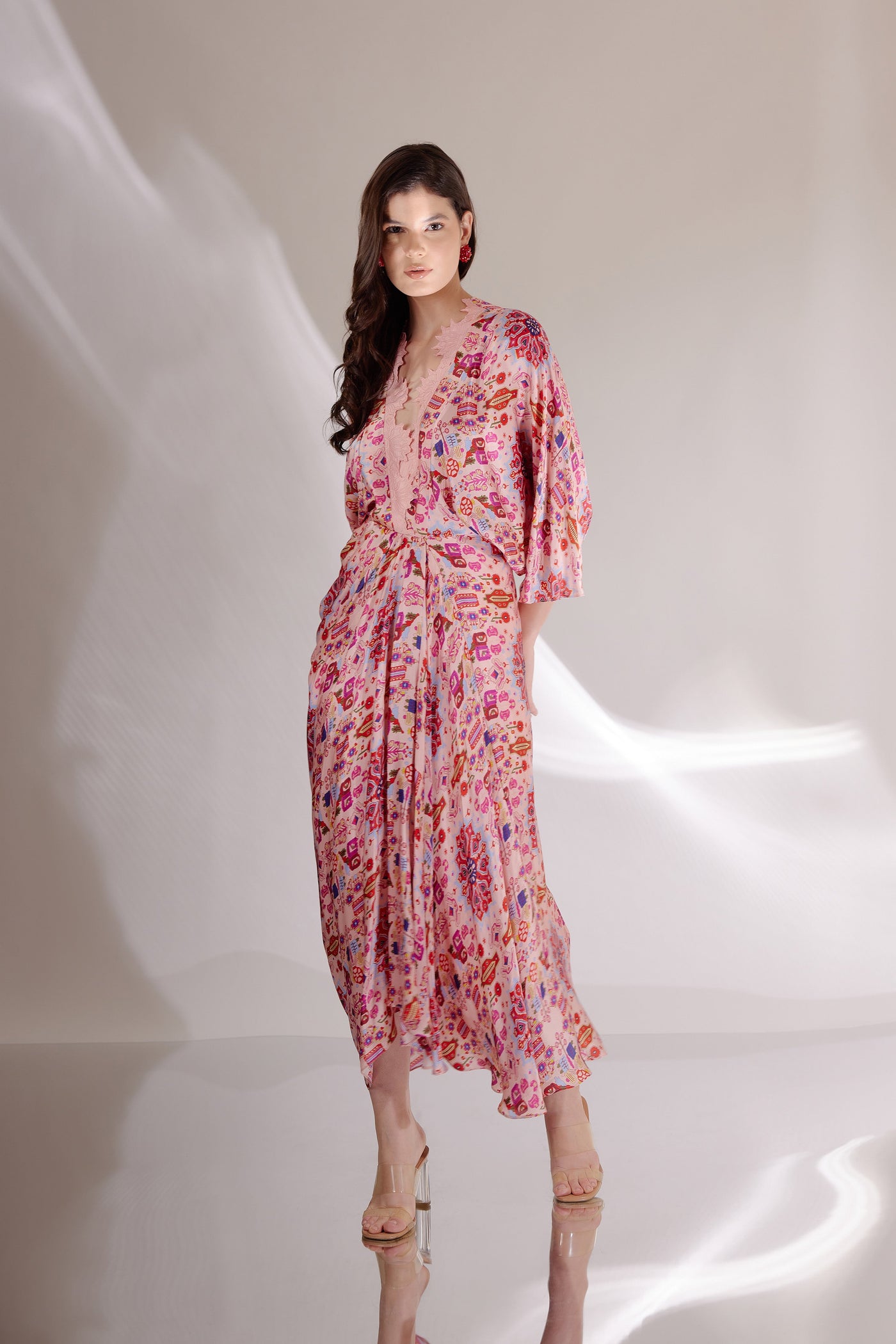 Pink Kashan Print Embroidered Silk Drape Dress