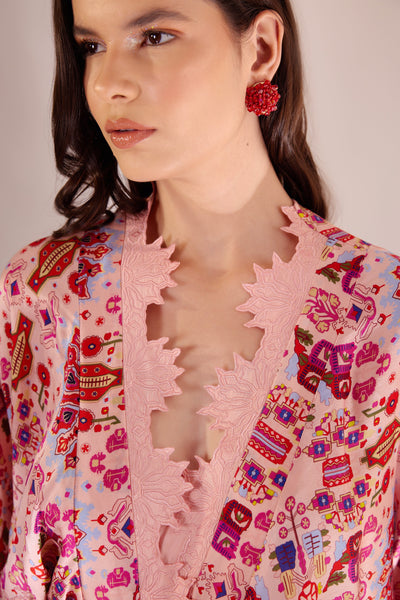 Pink Kashan Print Embroidered Silk Drape Dress