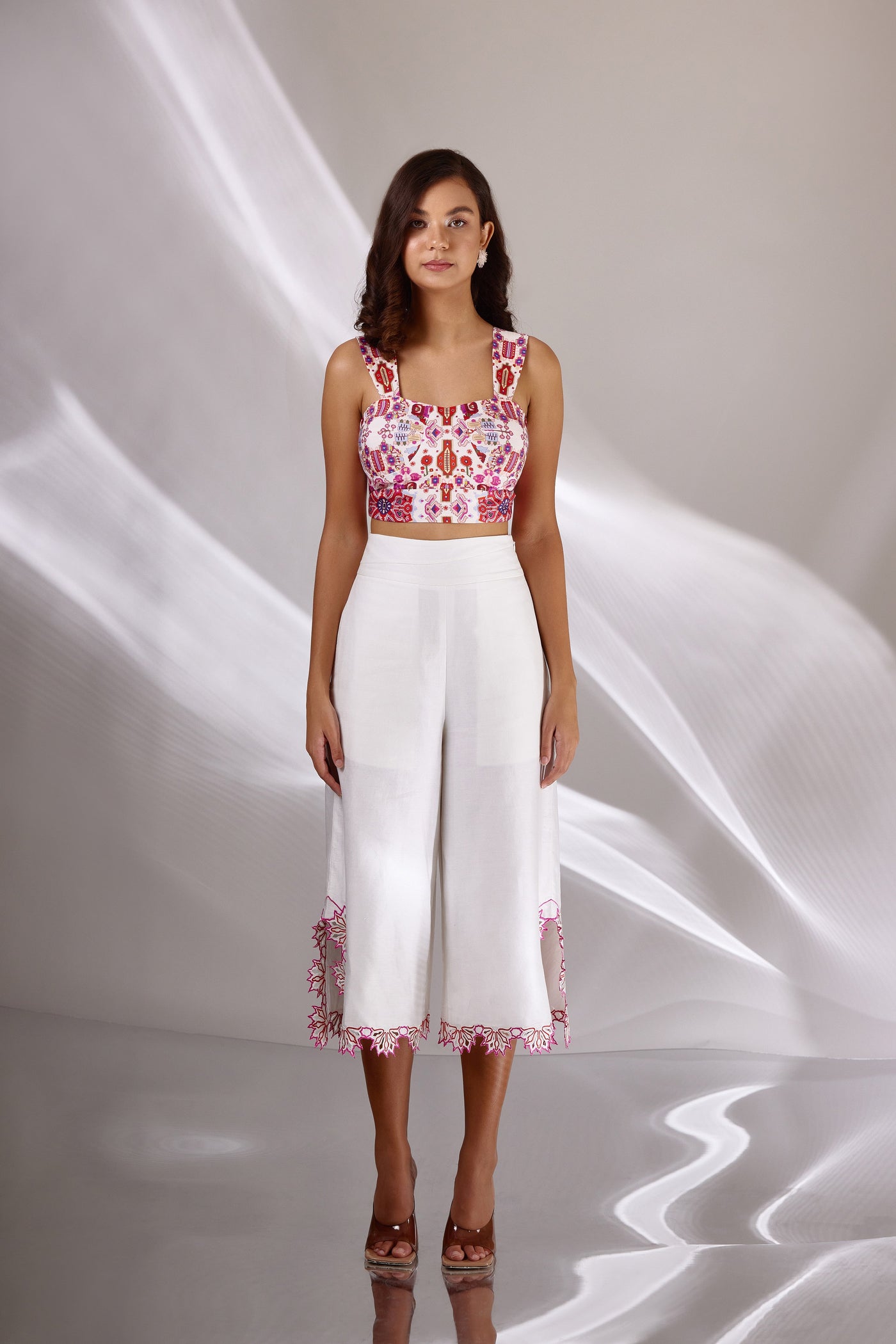 White Chanderi Silk Embroidered Culottes