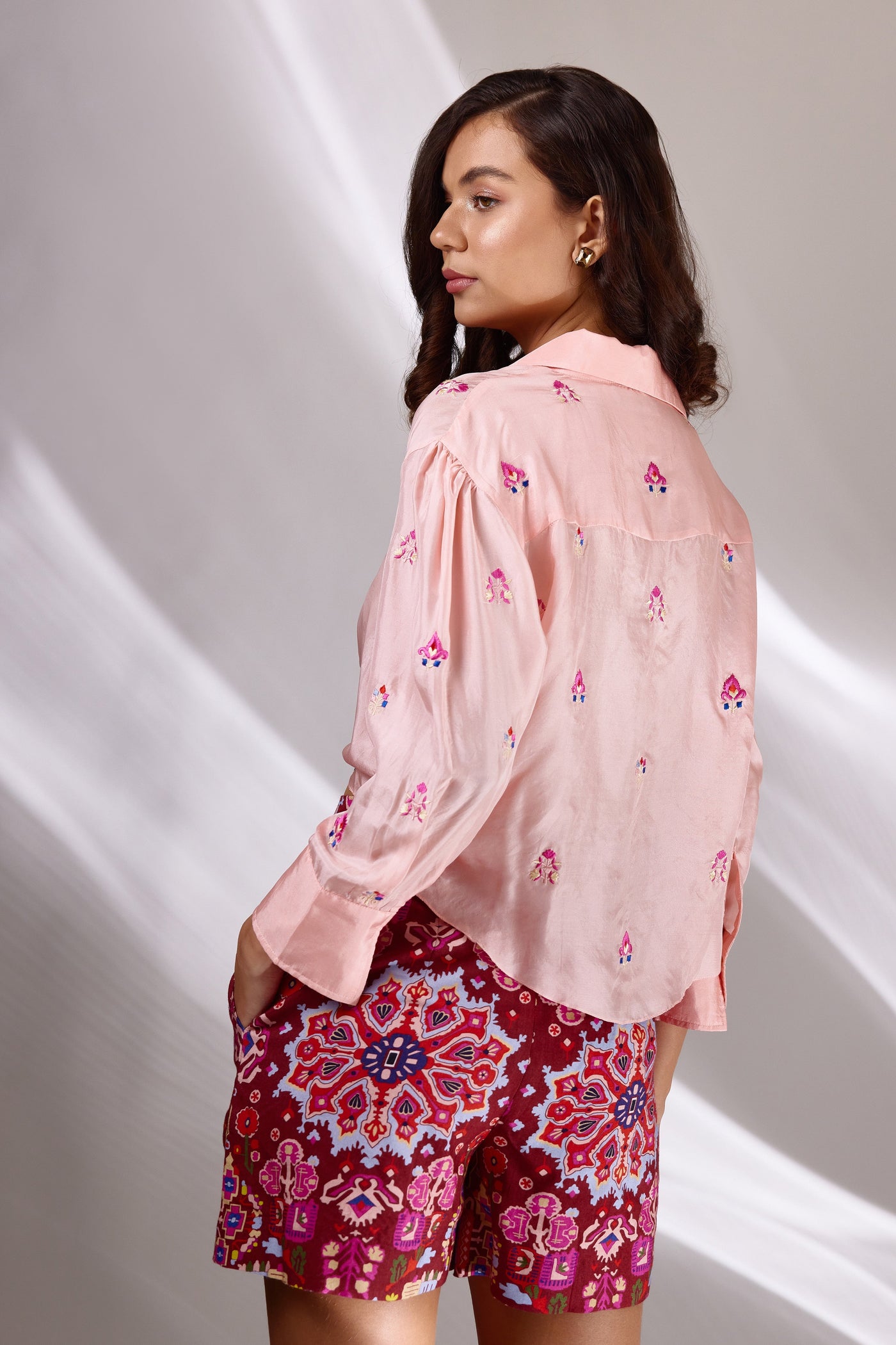 Peach Silk Embroidered Knotted Top