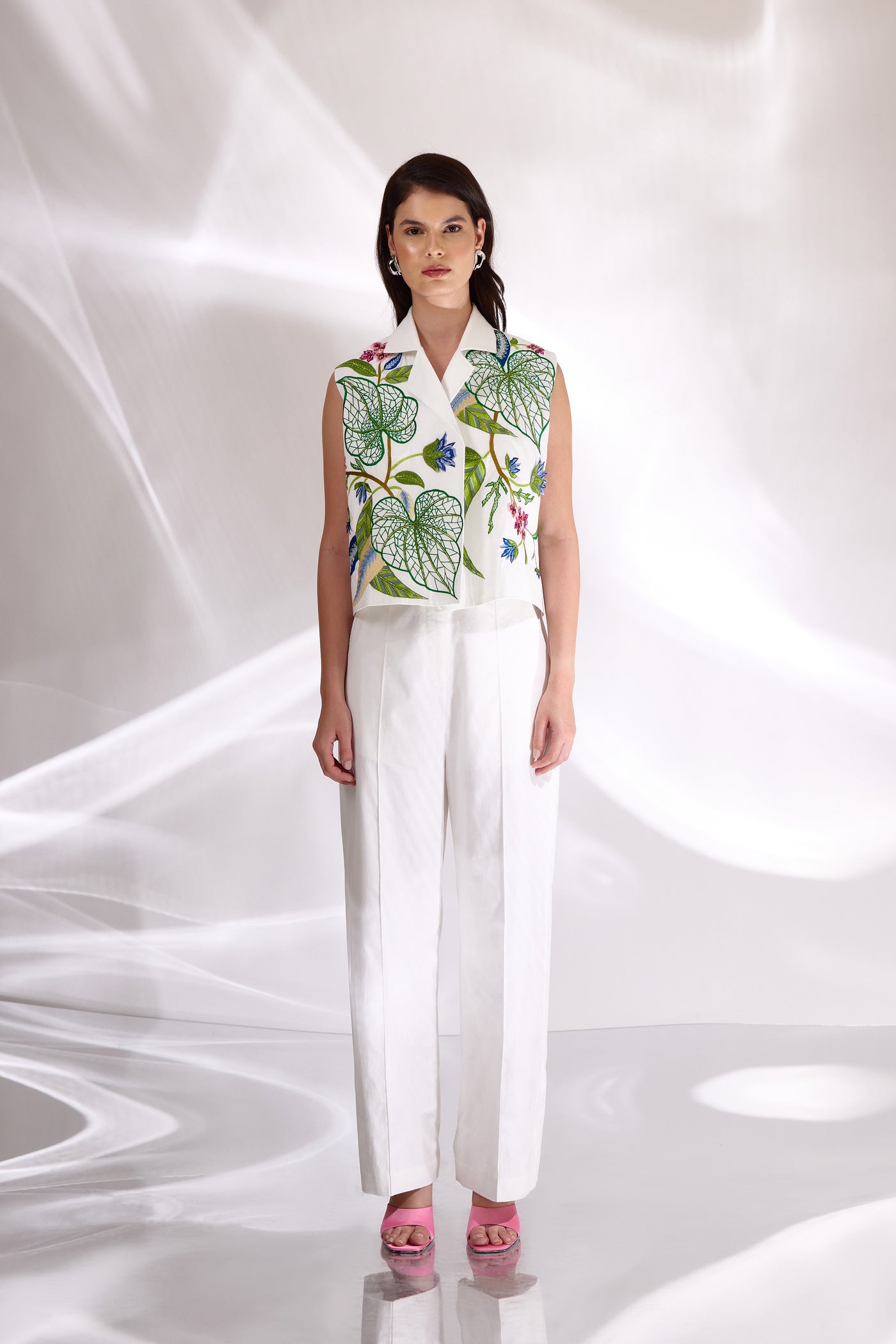 White Floral Embroidered Waistcoat & Pants Set