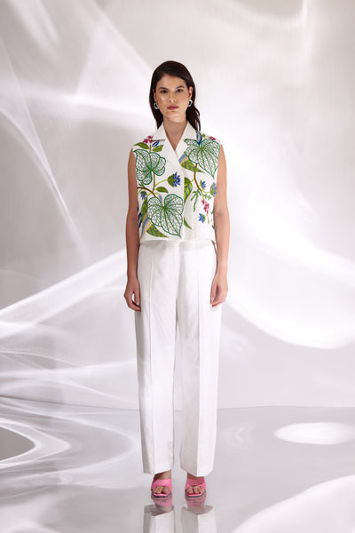 White Floral Embroidered Waistcoat & Pants Set