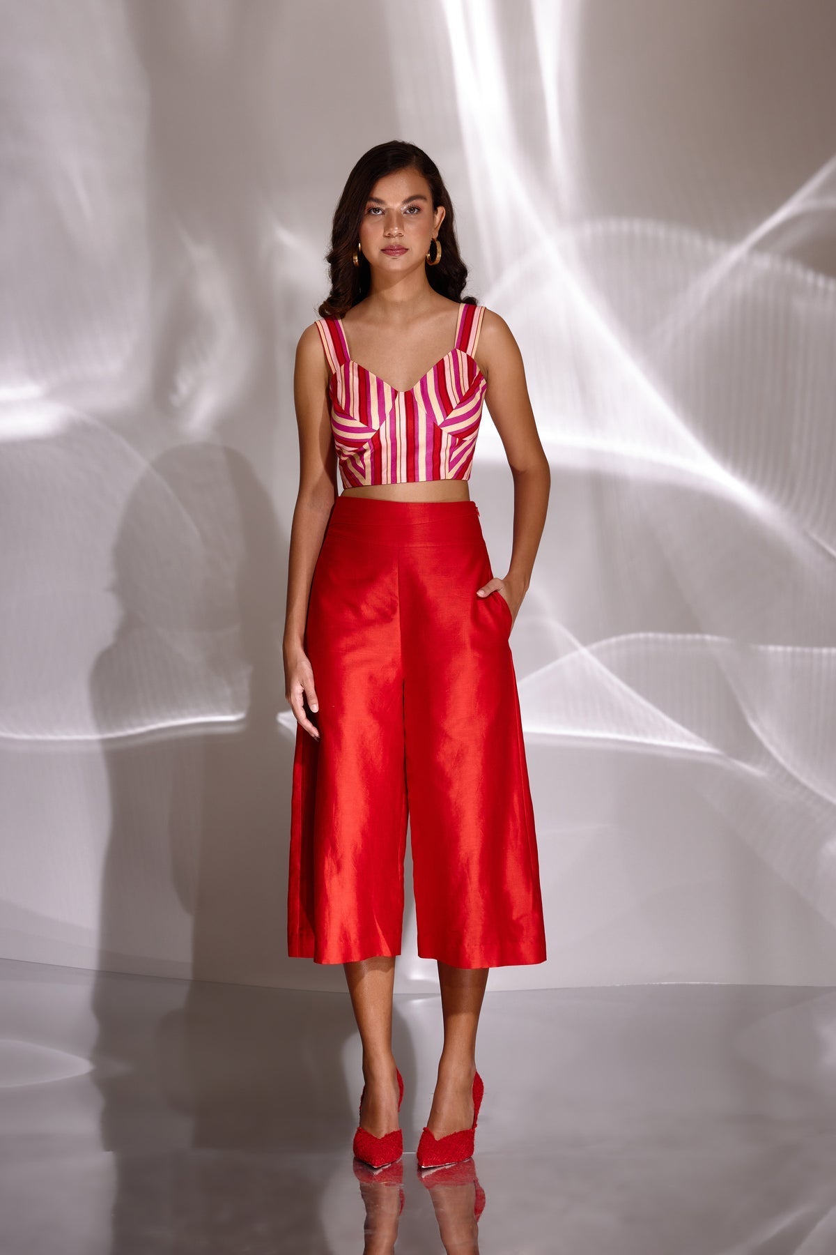 Red Chanderi Silk Embroidered Culottes