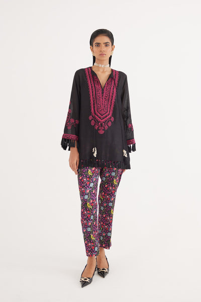 Black Silk Chanderi Embroidered kurta and Black Mashroo Parrot Print Pant, Black Mashroo Parrot Print Pant, Straight fit Ankle Length, Flared sleeves with tassels, Machine and Hand embroidered, Tassels details at sleeves, BeTrue, Be True