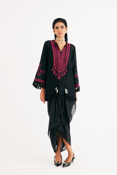 Black Silk Chanderi Embroidered kurta and Drape Skirt, Black Silk Chanderi Drape Skirt, Flared sleeves with tassels, Machine and Hand embroidered, Tassels details at sleeves, BeTrue, Be True