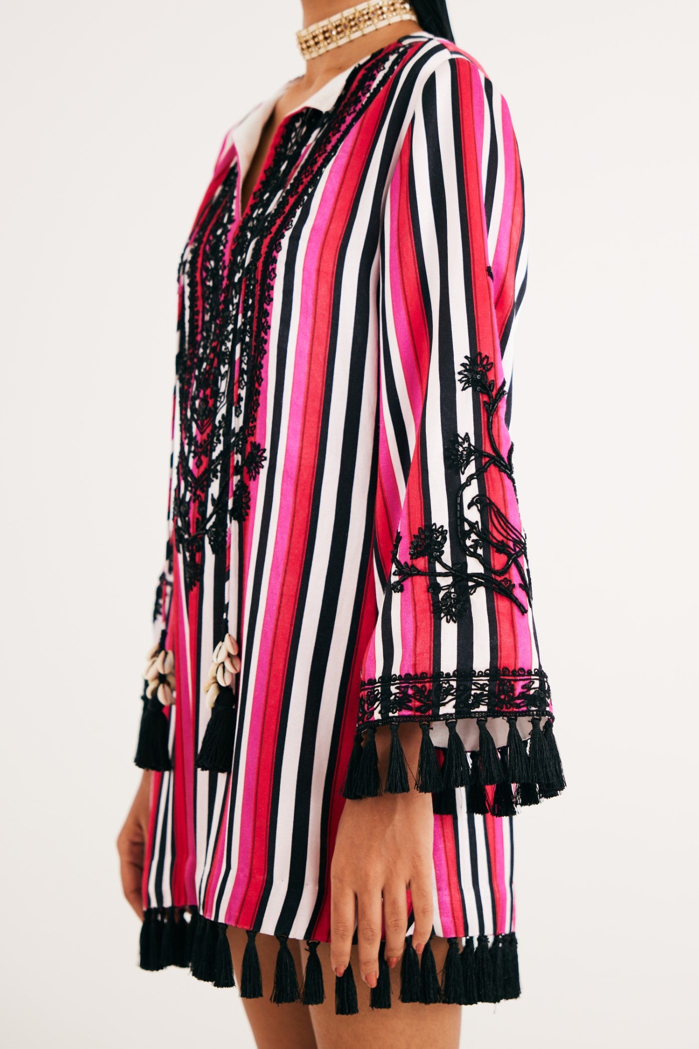 Rani pink Stripe Mashroo Satin Embroidered Tunic