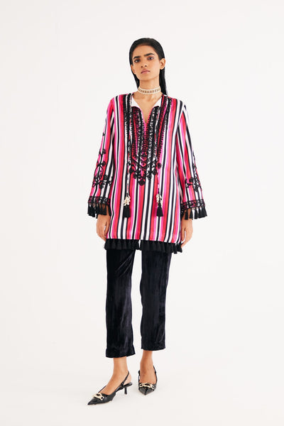 Rani pink Stripe Mashroo Satin Embroidered Tunic and Black Narrow Pants, Black Silk Velvet Narrow Pants, Mashru cotton satin fabric, Flared sleeves with tassels Hand embroidered with sequins, Tassle at sleeves, BeTrue, Be True