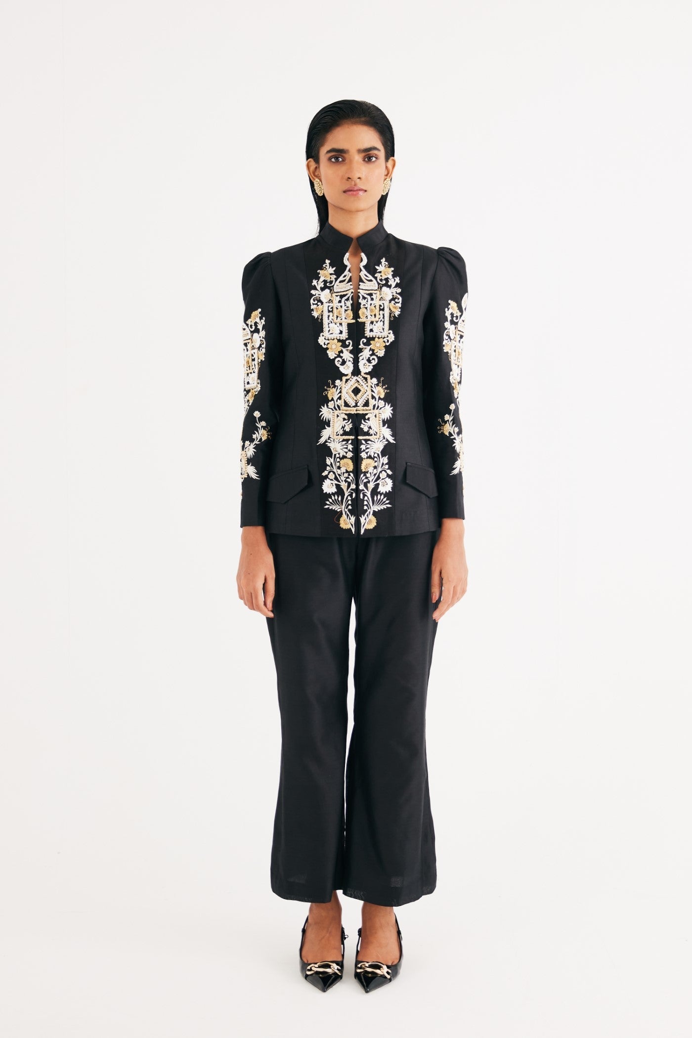 Black Silk Chanderi Embroidered Temple Jacket and Flared Pant, Black Chanderi Silk Flared Pant, flared bottom style, Leg-of-mutton Sleeve, BeTrue, Be True