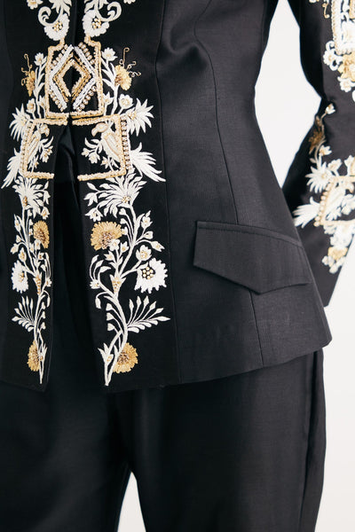 Black Silk Chanderi Embroidered Temple Jacket