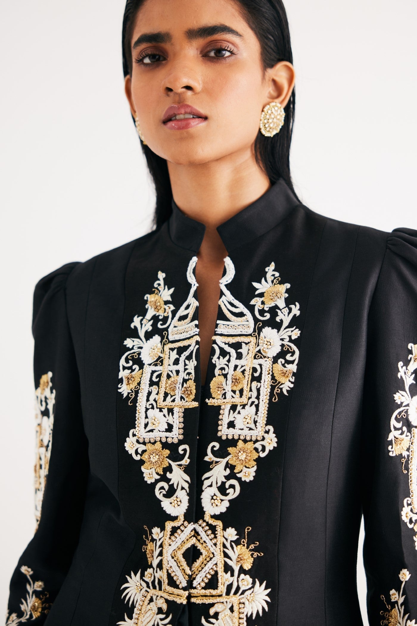 Black Silk Chanderi Embroidered Temple Jacket