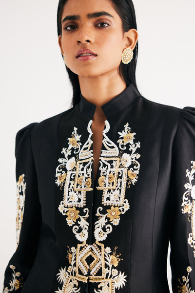 Black Silk Chanderi Embroidered Temple Jacket and Flared Pant Set