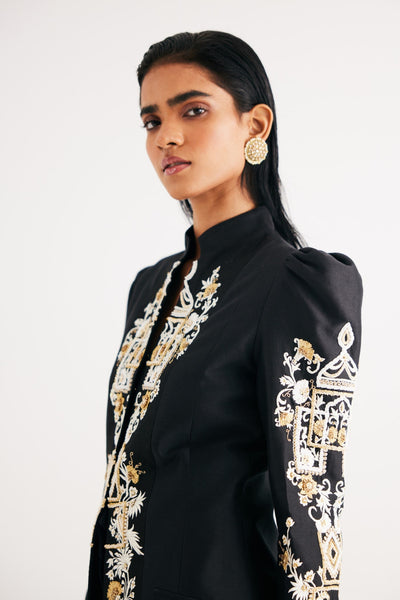 Black Silk Chanderi Embroidered Temple Jacket