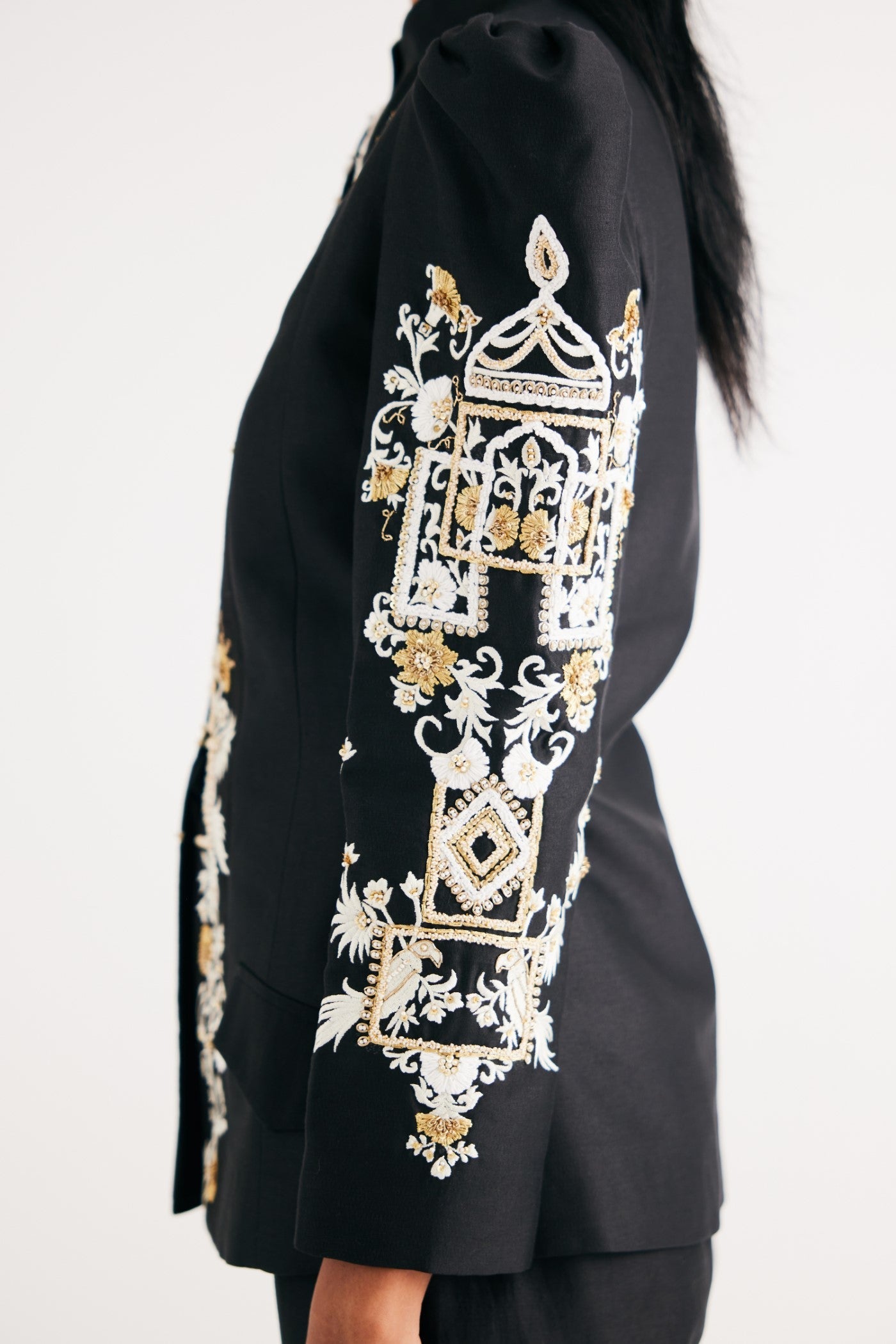 Black Silk Chanderi Embroidered Temple Jacket