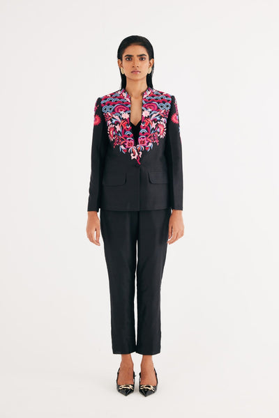 Black Silk Chanderi Floral Embroidered Jacket