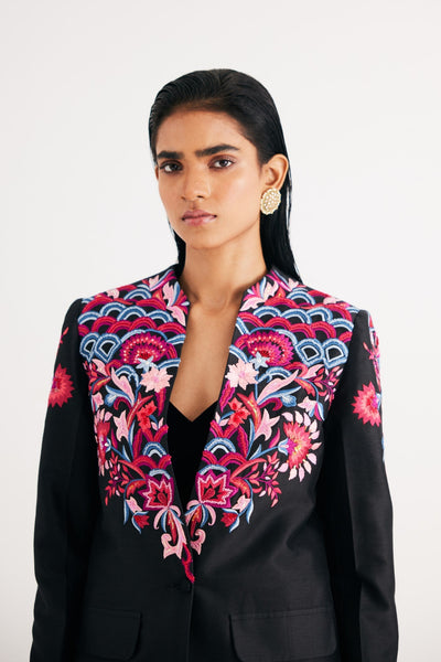 Black Silk Chanderi Floral Embroidered Jacket