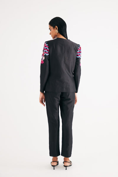 Black silk chanderi floral Embroidered Jacket, Black Silk Velvet Spaghetti Top, Black Silk Velvet Narrow Pants, Spaghetti Top and Narrow Pants, Classis Blazer style, Silk chanderi fabric, BeTrue, Be True