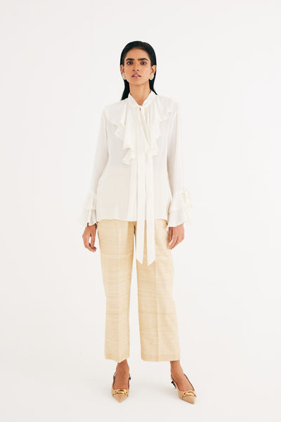 Temple Golden Long Silk Jacket, Ruffle Shirt and Straight Pants, Cream Satin Silk Ruffle Shirt, Long trench style jacket, Natural Tusser Ghicha silk fabric, Lined with mulmul, BeTrue, Be True