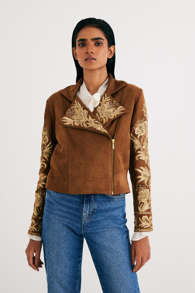 Brown Suede Embroidered Biker Jacket