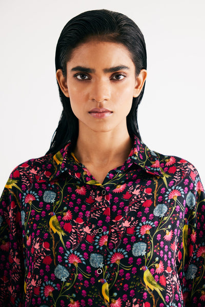 Black Parrot Print Satin Silk Shirt