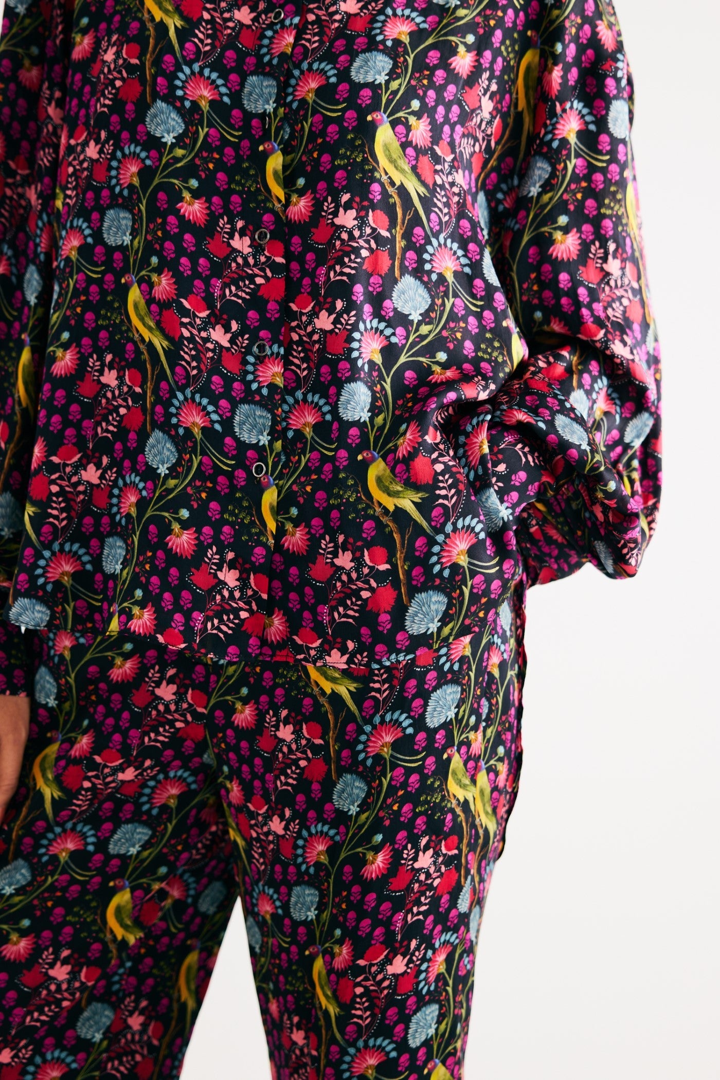 Black Parrot Print Satin Silk Shirt