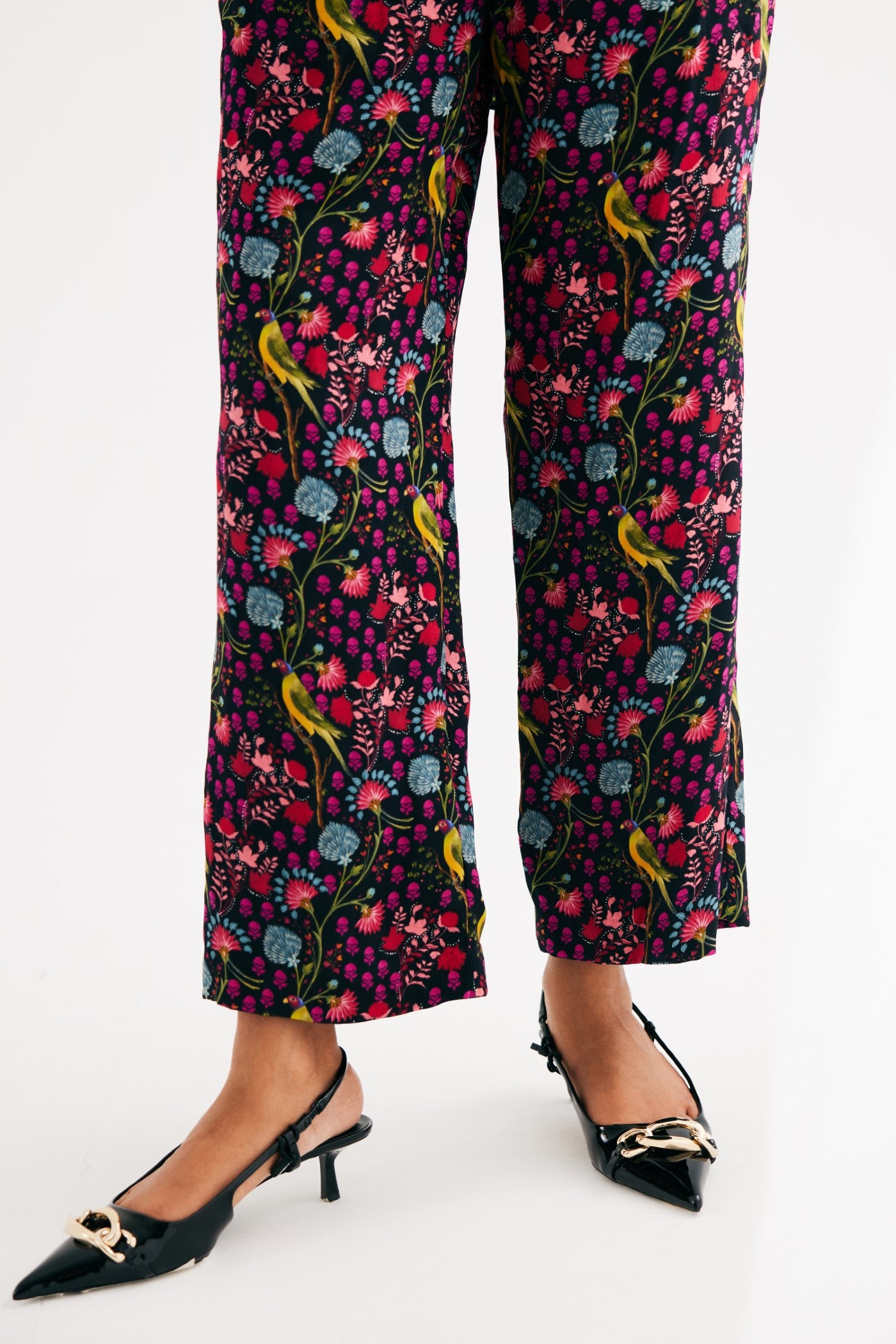 Black Parrot Print Satin Silk Straight Pants