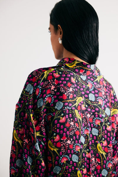 Black Parrot Print Satin Silk Shirt