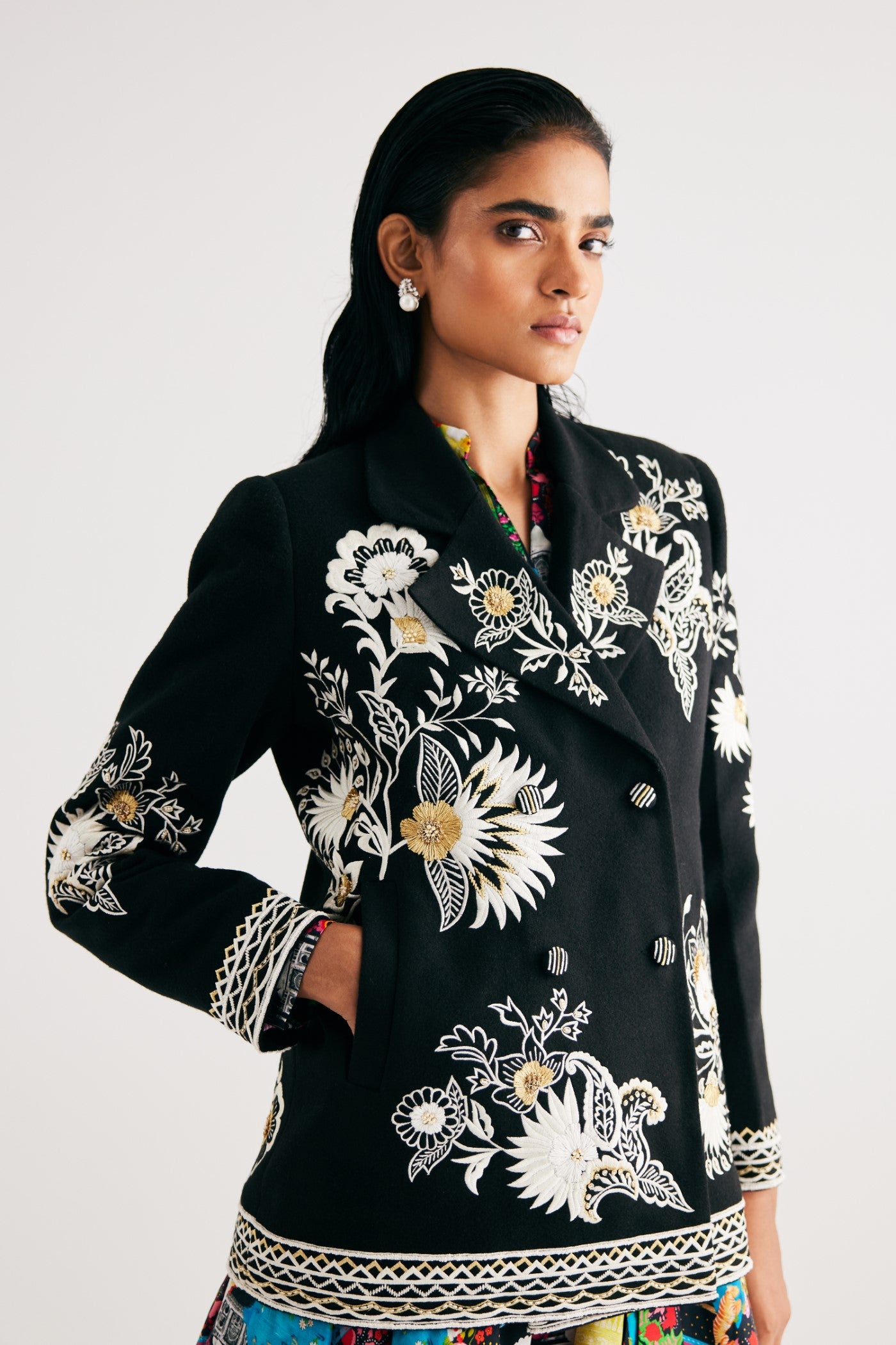 Black Embroidered Floral Wool Jacket