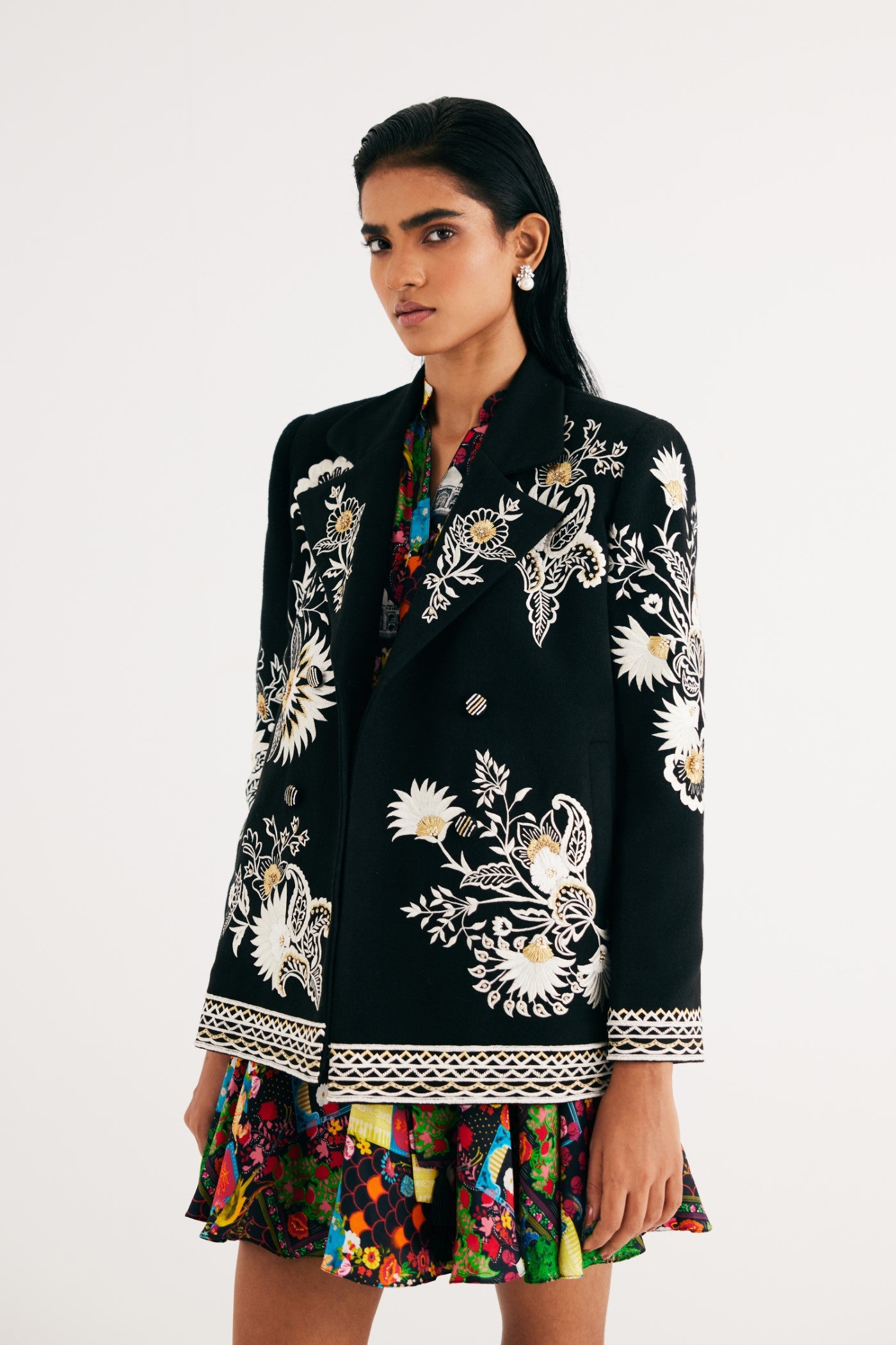 Black Embroidered Floral Wool Jacket