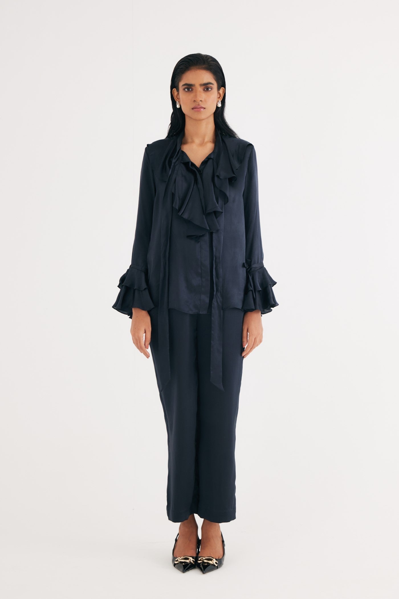 Black Satin Silk Ruffle Shirt and Straight Pants, Black Silk Satin Straight Pants, 100% Satin silk, Manderian collar style with extended tieup and Ruffles attached at neckline, BeTrue, Be True