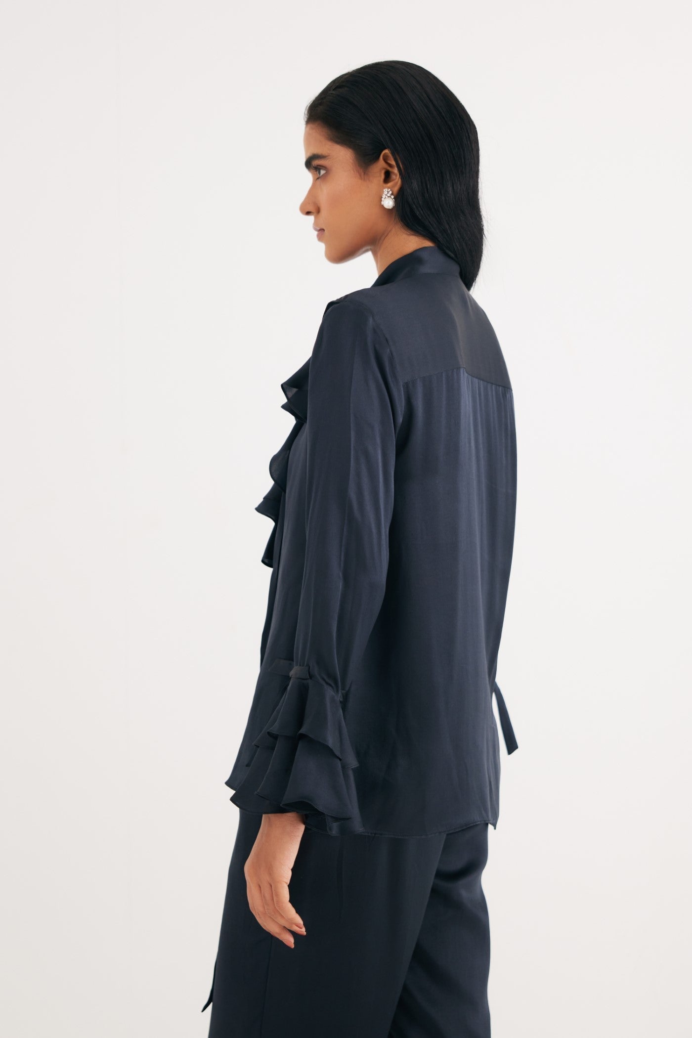 Black Satin Silk Ruffle Shirt