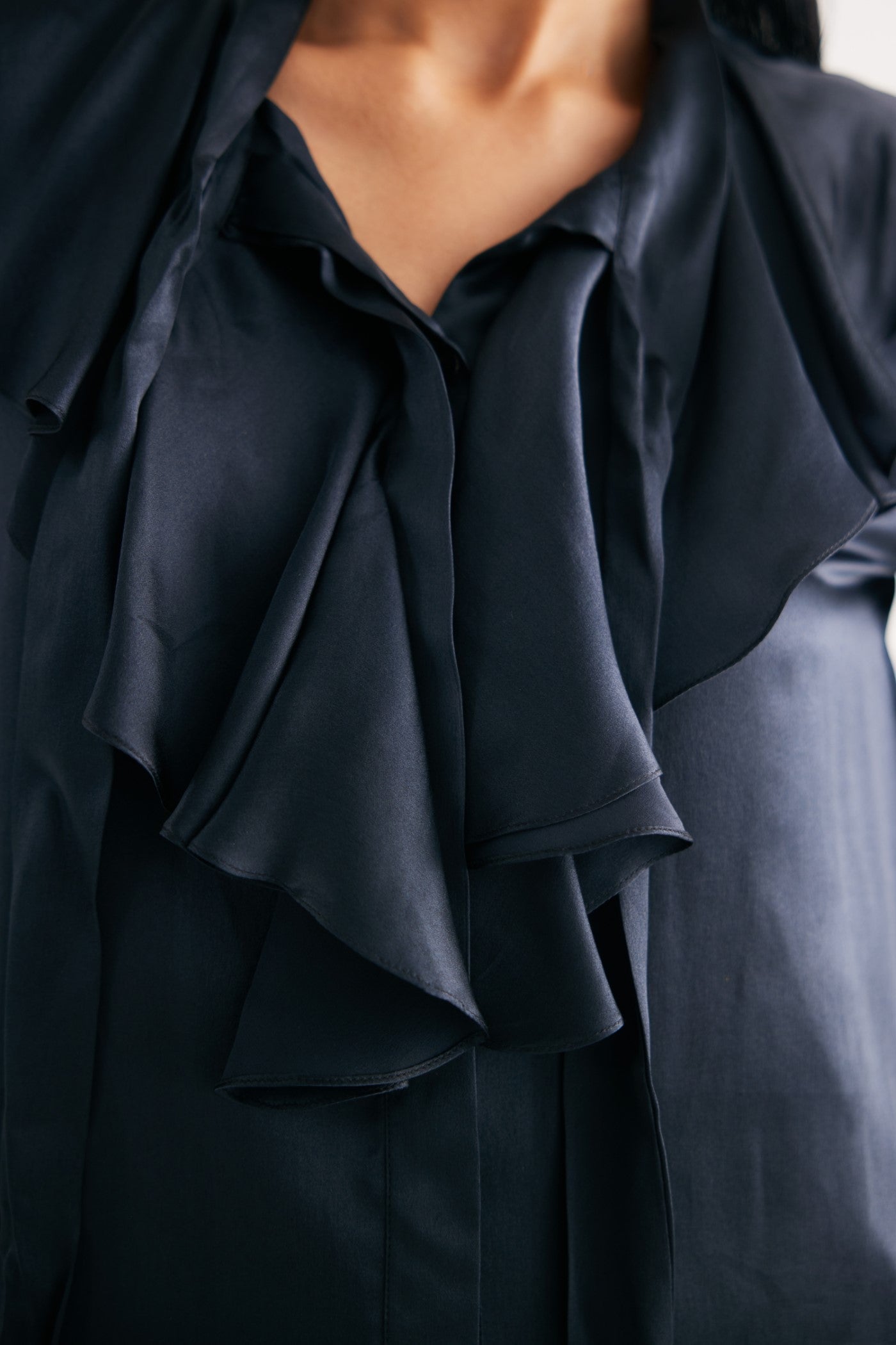 Black Satin Silk Ruffle Shirt