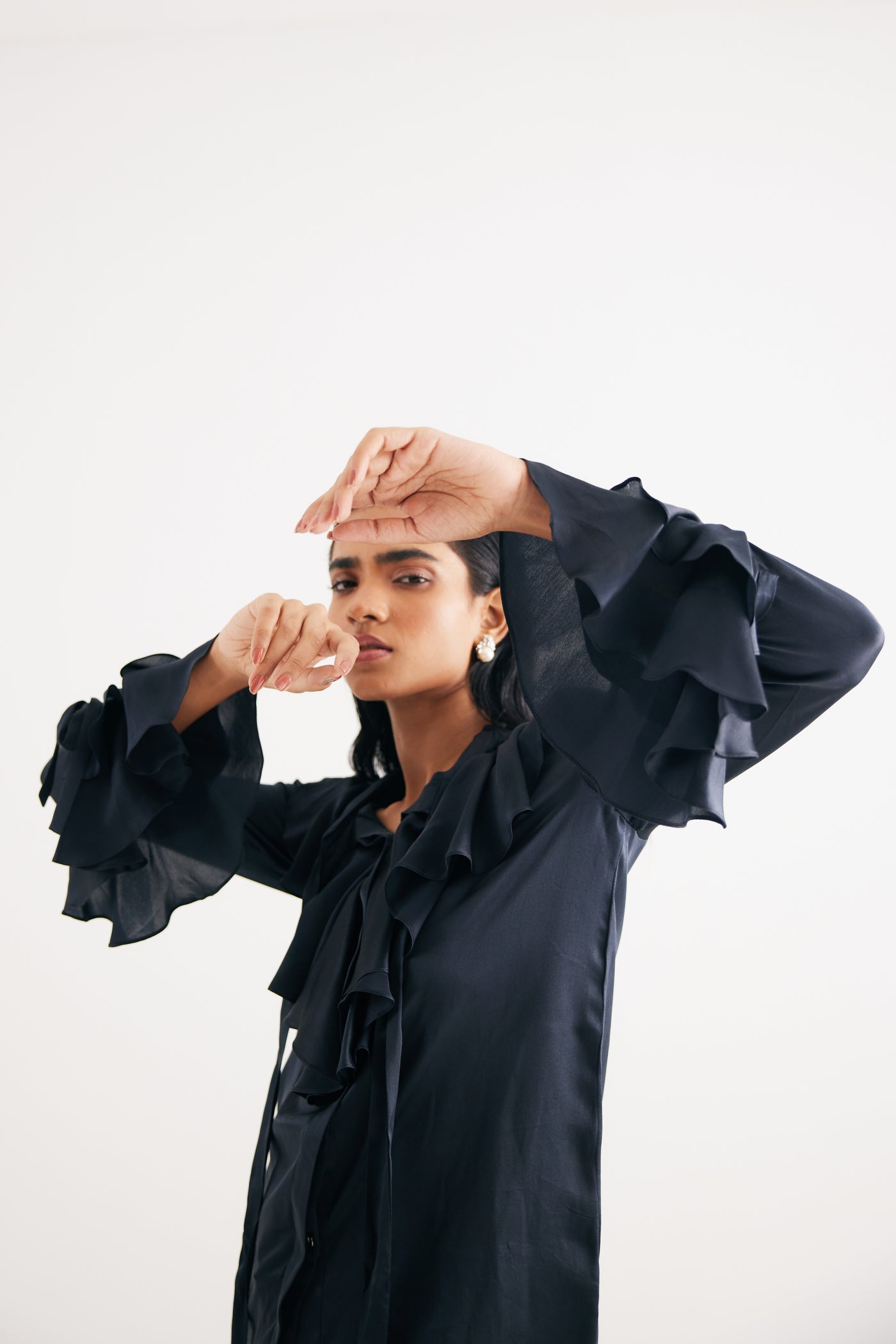 Black Satin Silk Ruffle Shirt