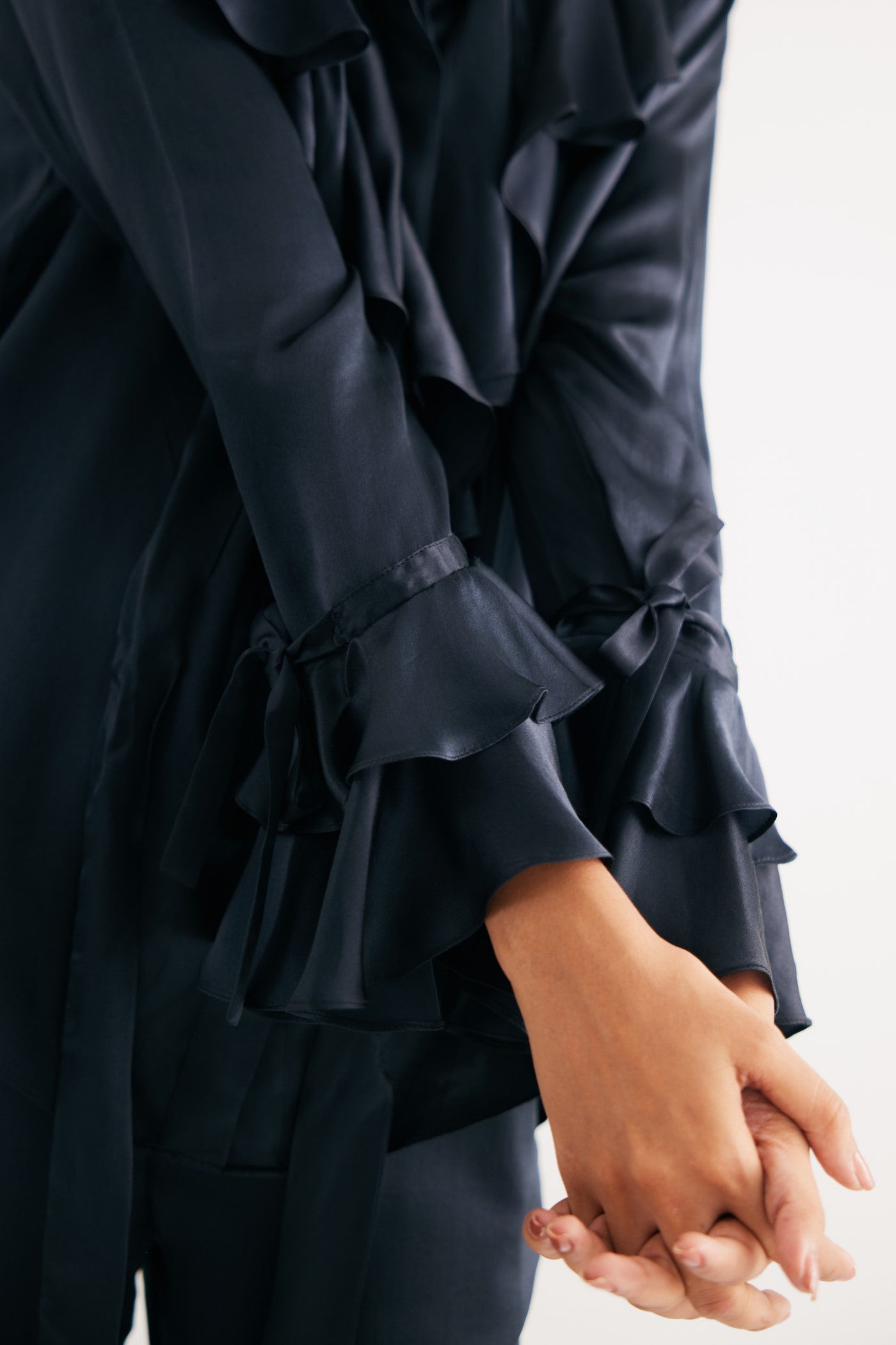 Black Satin Silk Ruffle Shirt