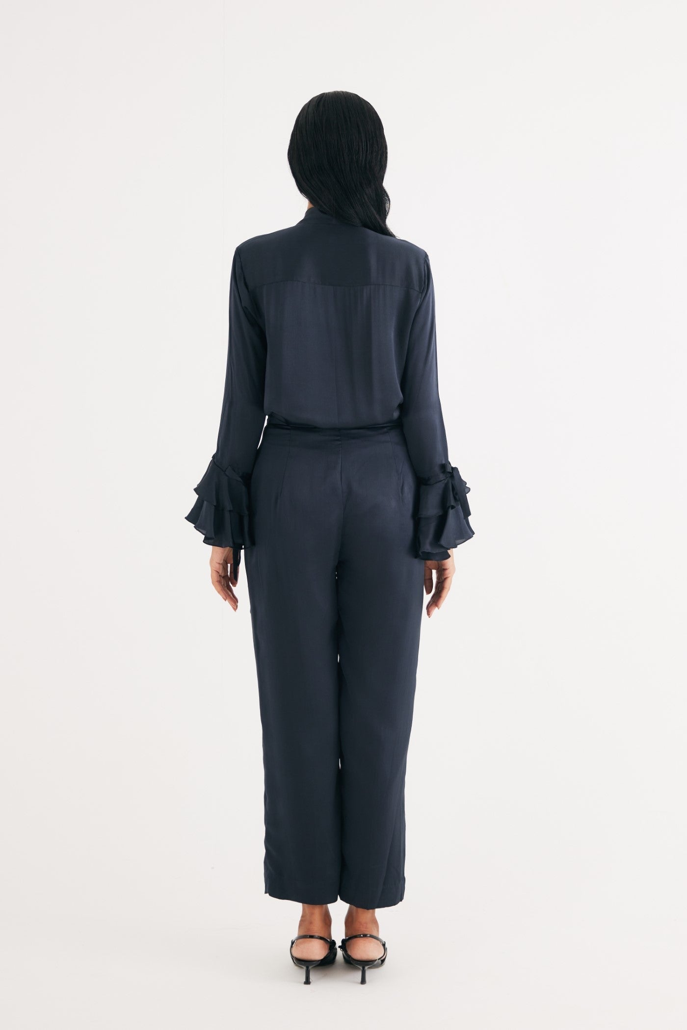 Black Satin Silk Ruffle Shirt and Straight Pants, Black Silk Satin Straight Pants, 100% Satin silk, Manderian collar style with extended tieup and Ruffles attached at neckline, BeTrue, Be True