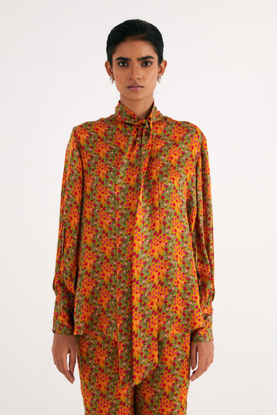 Indian Yellow Satin Silk Printed Shirt