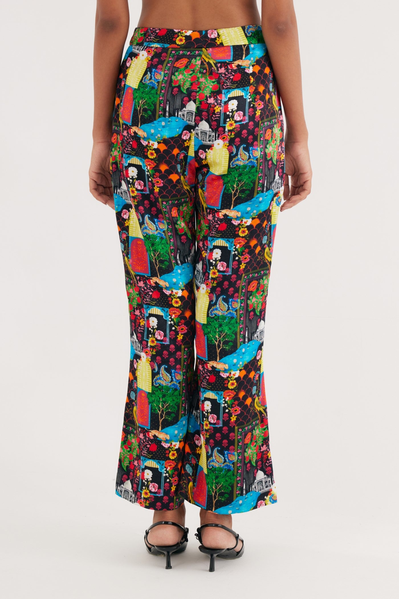 Black India Print Mushroo Cotton Satin Flared Pants