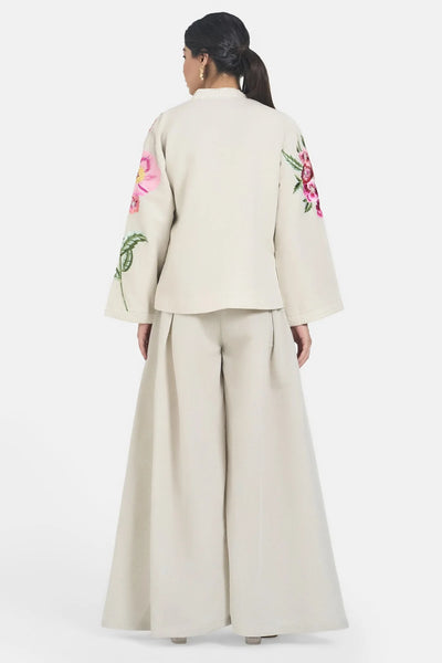 Beige LIinen Embroidery Floral Jacket Set