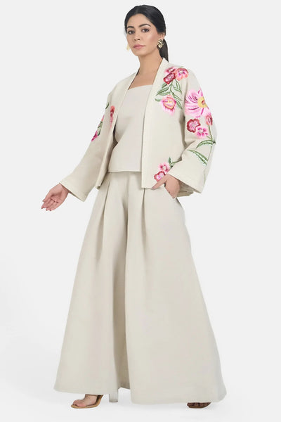 Beige LIinen Embroidery Floral Jacket Set