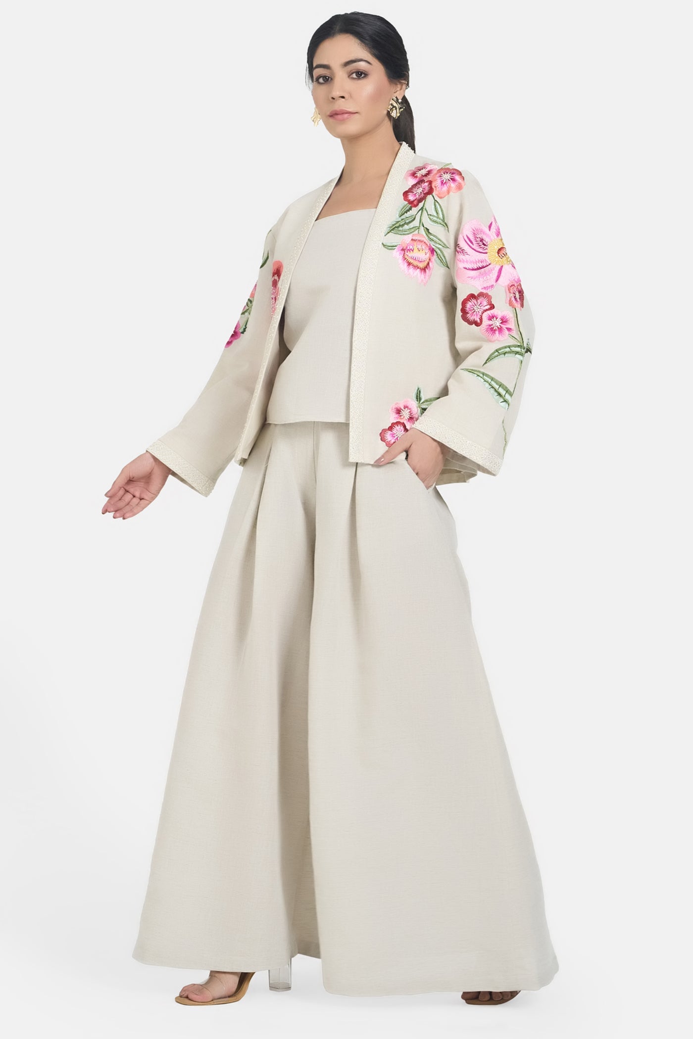 Beige Linen Embroidered Floral Jacket