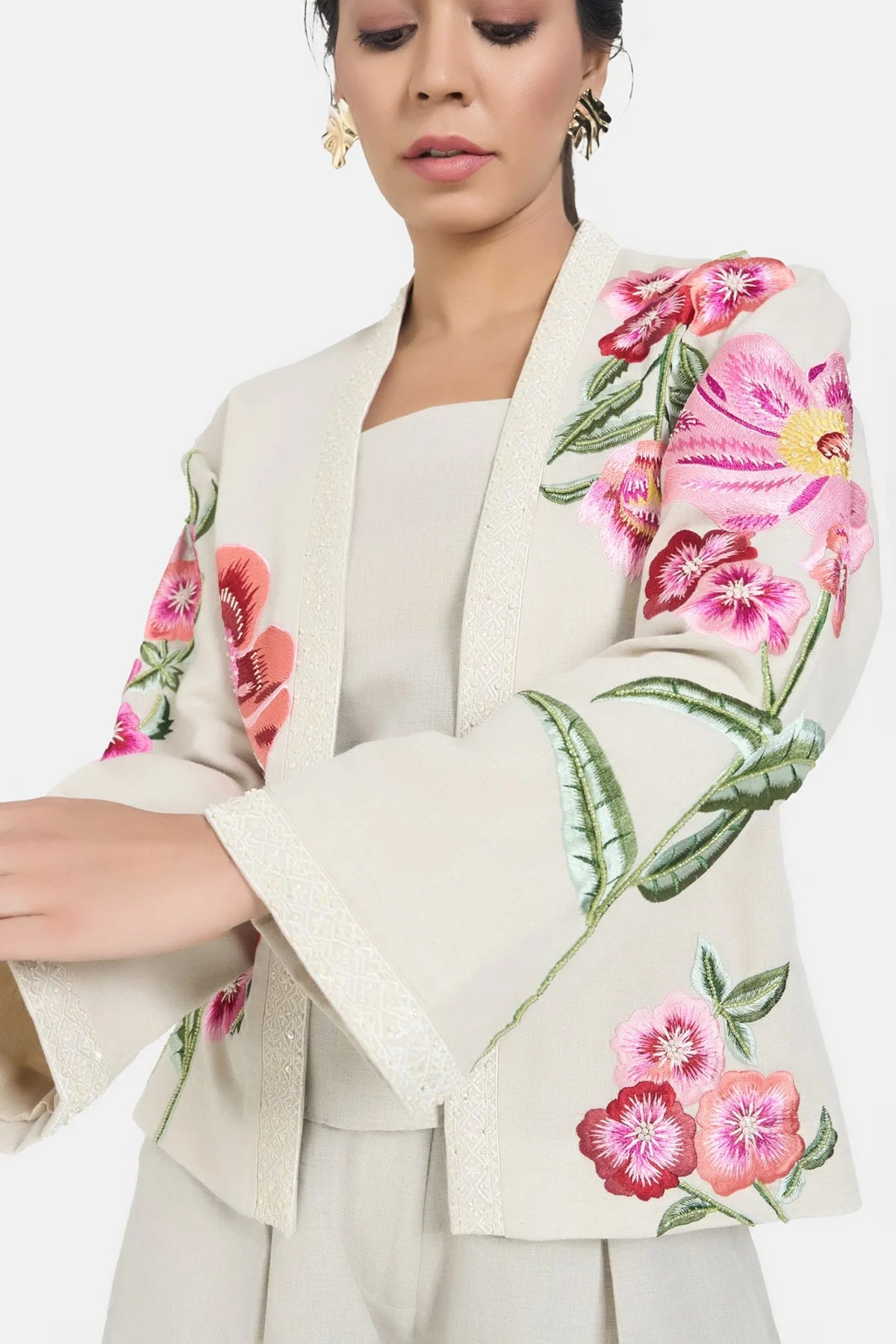 Beige LIinen Embroidery Floral Jacket Set