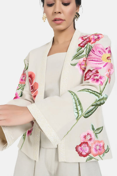 Beige Linen Embroidered Floral Jacket