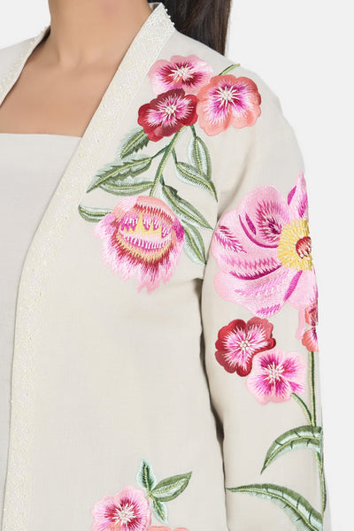 Beige Linen Embroidered Floral Jacket