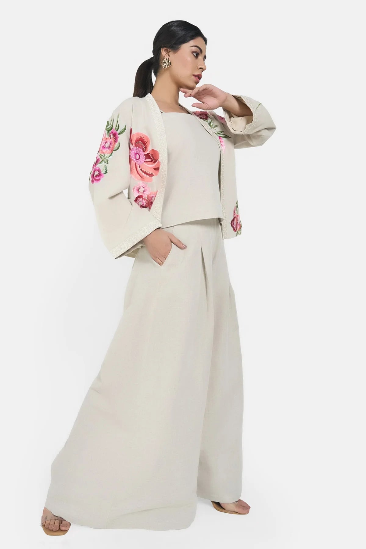 Beige LIinen Embroidery Floral Jacket Set