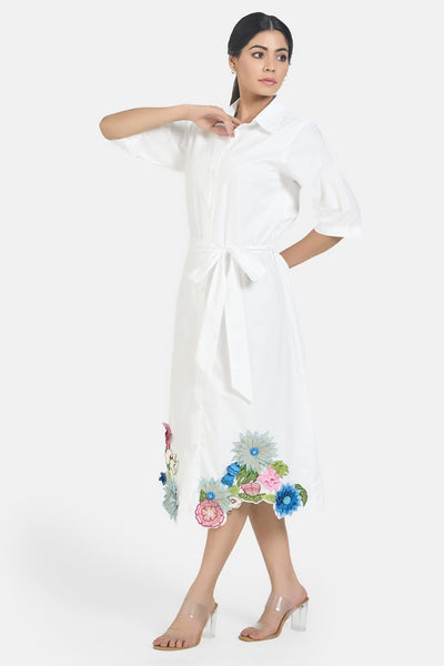 White 3D Flower Embroidered Shirt Dress