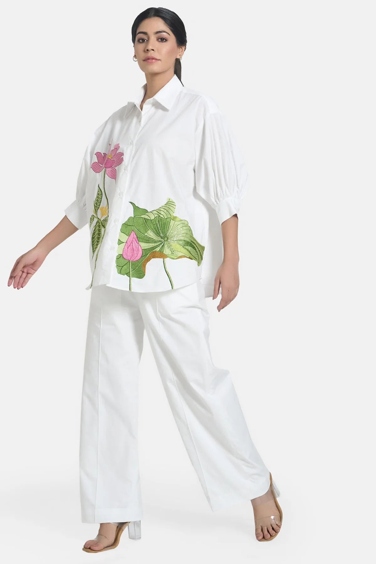 White Lotus Embroidered Oversized Shirt