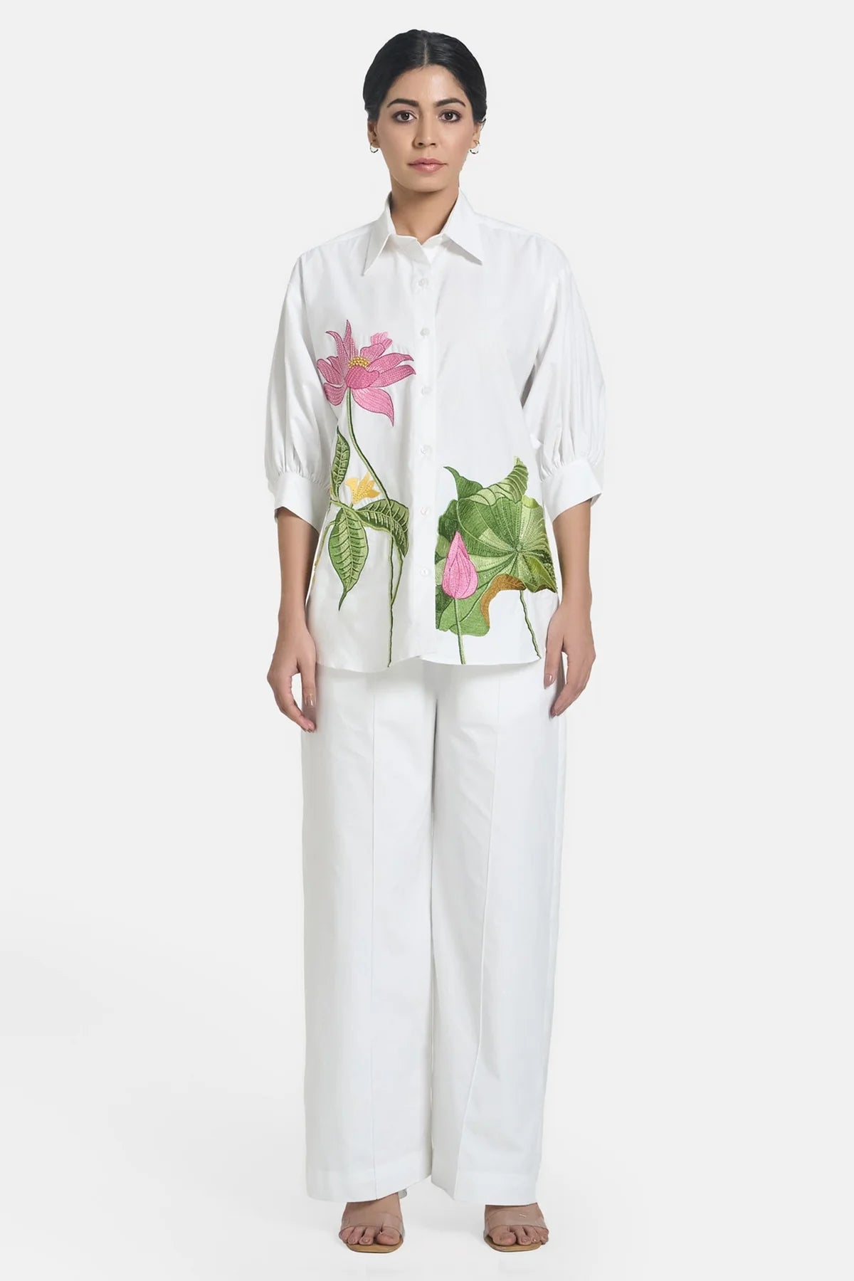 White Lotus Embroidered Oversized Shirt