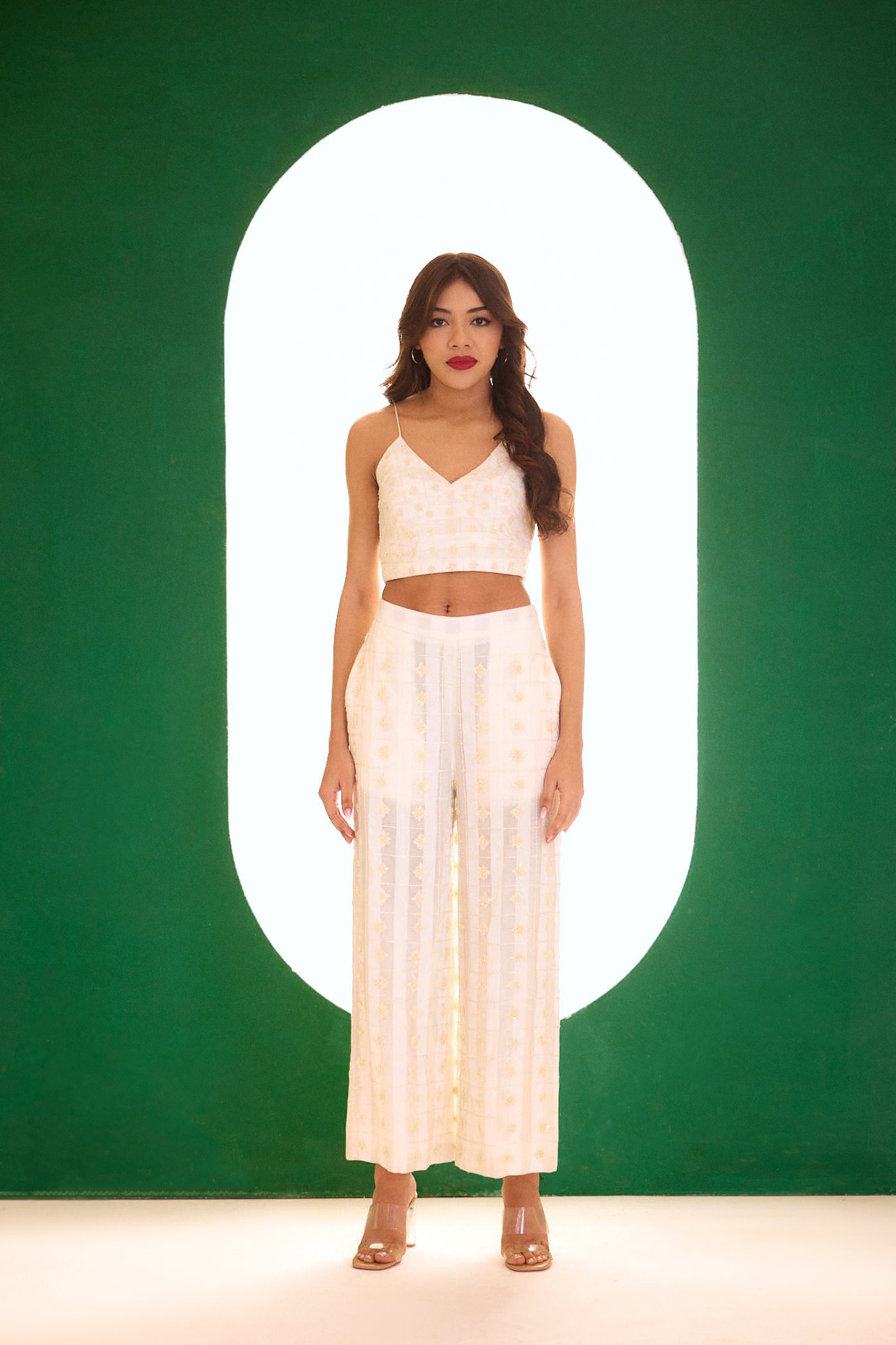 Off White Romantic Embroidered Palazzo Pants