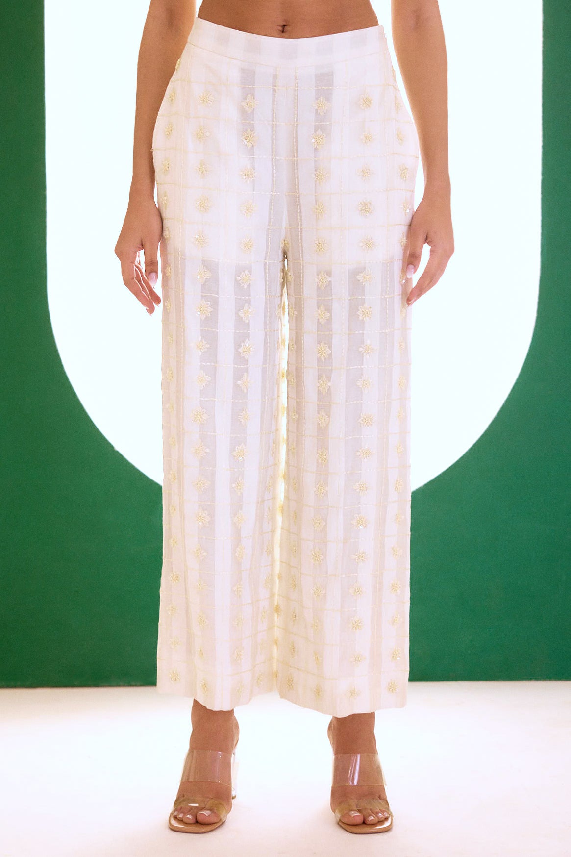 Off White Romantic Embroidered Palazzo Pants